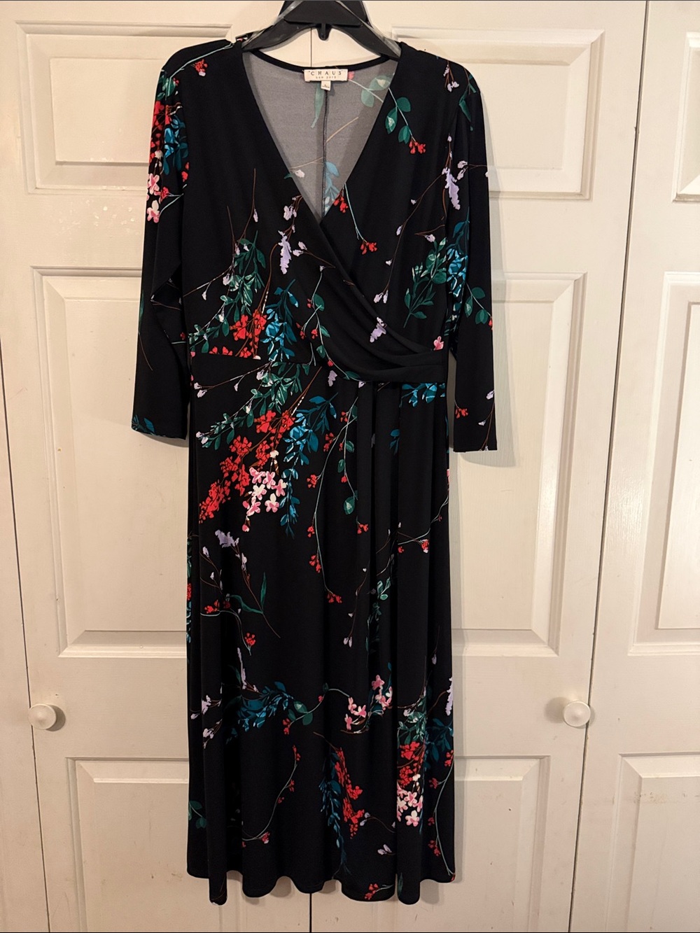 CHAUS Black Floral Wrap Maxi Dress with Red & Teal Accents